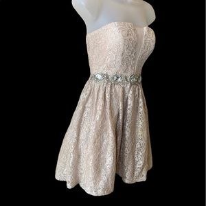 Jodi Kristopher Dress Beige Lace Strapless Bustier Cocktail Bling Jr Size 3